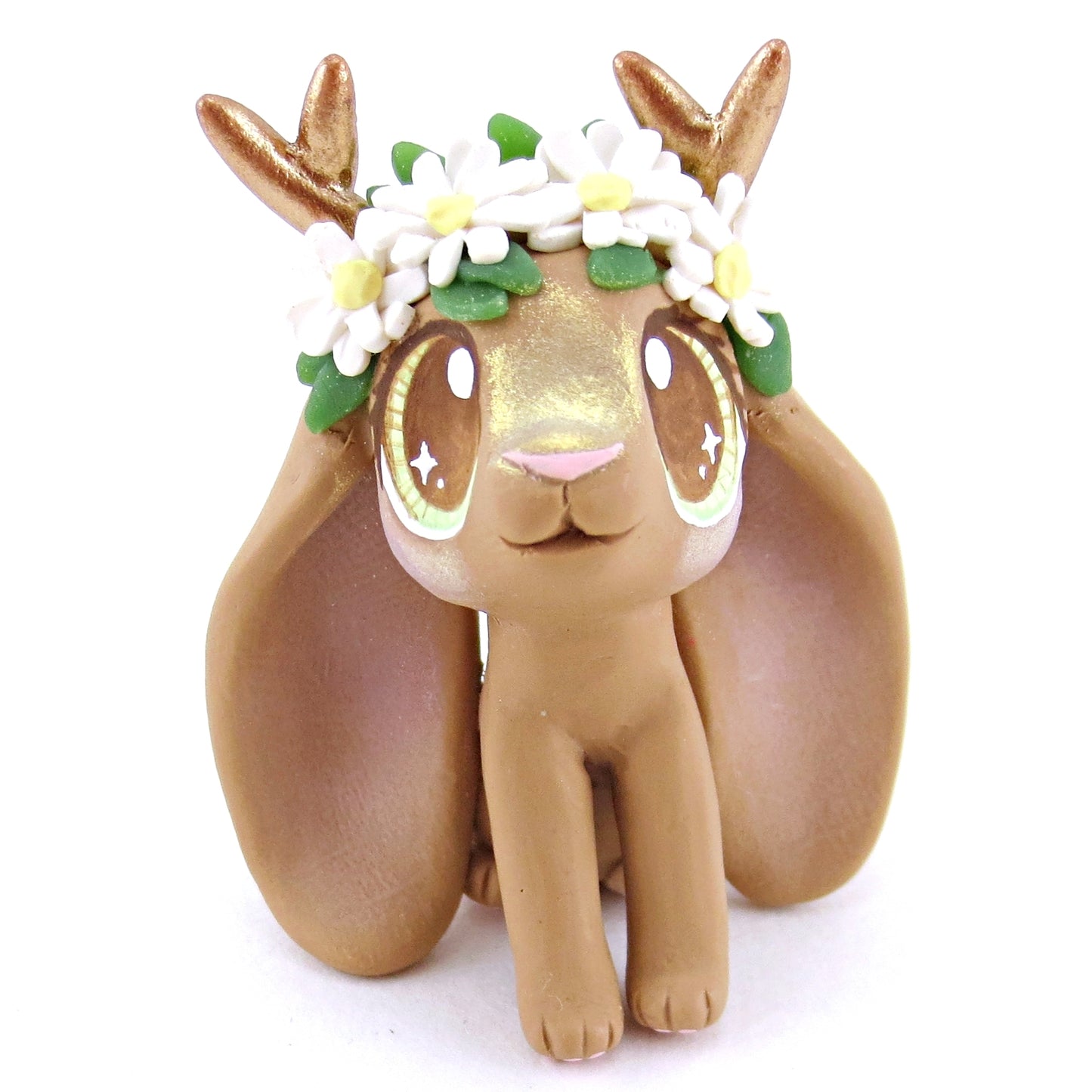 Daisy Crown Brown Jackalope Lop Figurine - Polymer Clay Easter and Spring Animals