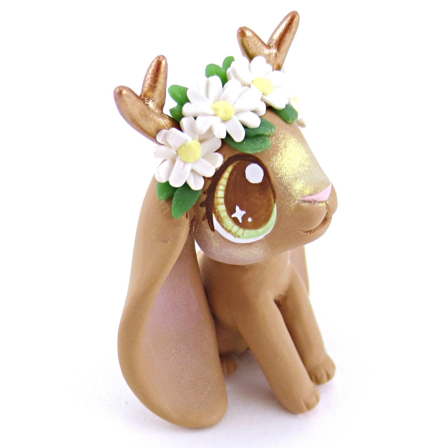 Daisy Crown Brown Jackalope Lop Figurine - Polymer Clay Easter and Spring Animals