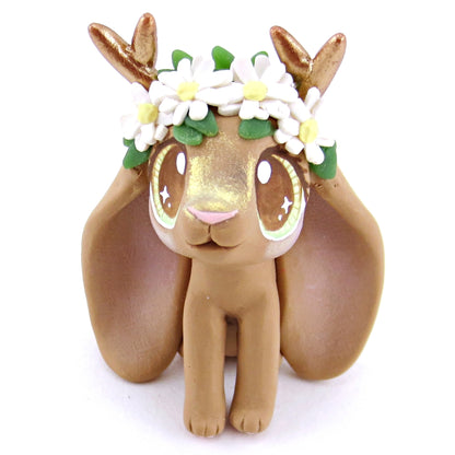 Daisy Crown Brown Jackalope Lop Figurine - Polymer Clay Easter and Spring Animals