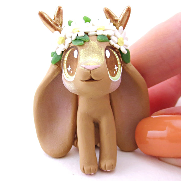 Daisy Crown Brown Jackalope Lop Figurine - Polymer Clay Easter and Spring Animals