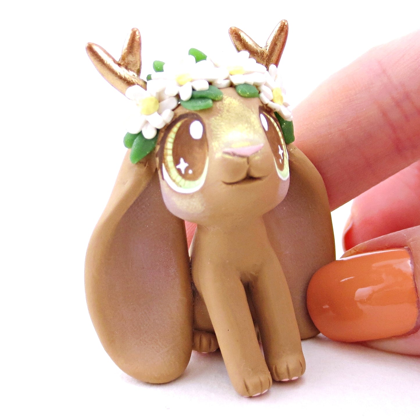 Daisy Crown Brown Jackalope Lop Figurine - Polymer Clay Easter and Spring Animals