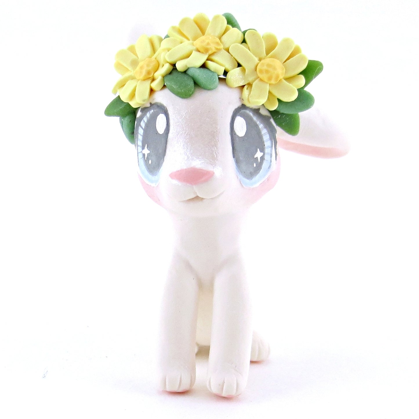 Daisy Crown Floopy Eared White Bunny Figurine - Polymer Clay Easter and Spring Animals