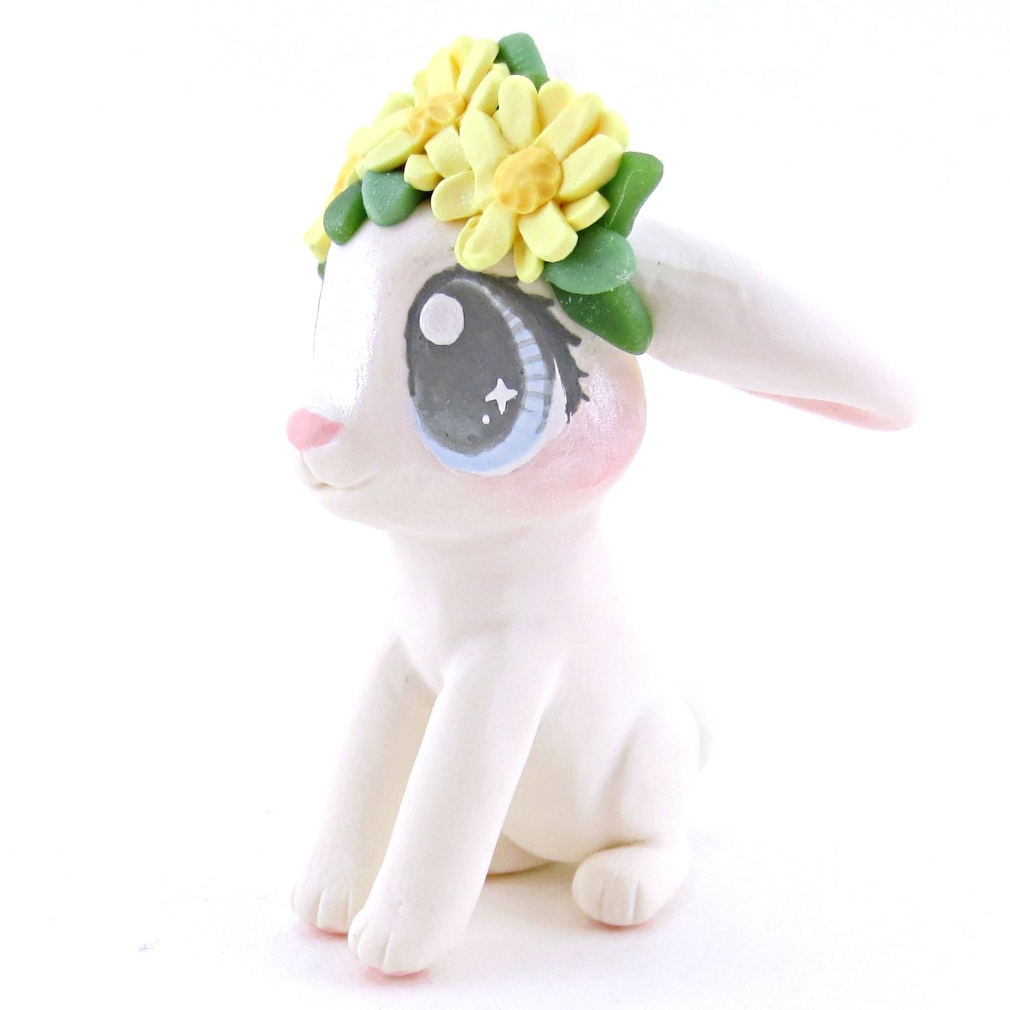 Daisy Crown Floopy Eared White Bunny Figurine - Polymer Clay Easter and Spring Animals