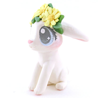 Daisy Crown Floopy Eared White Bunny Figurine - Polymer Clay Easter and Spring Animals