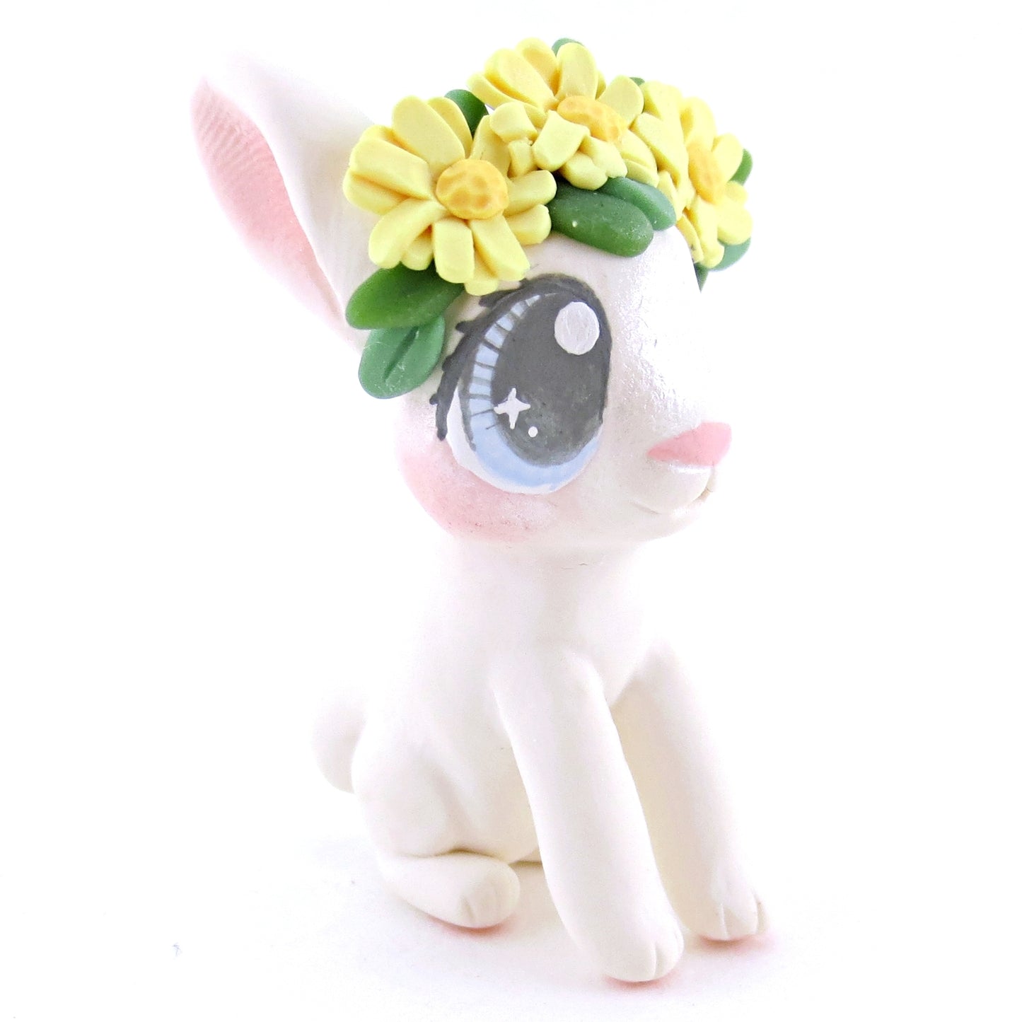 Daisy Crown Floopy Eared White Bunny Figurine - Polymer Clay Easter and Spring Animals