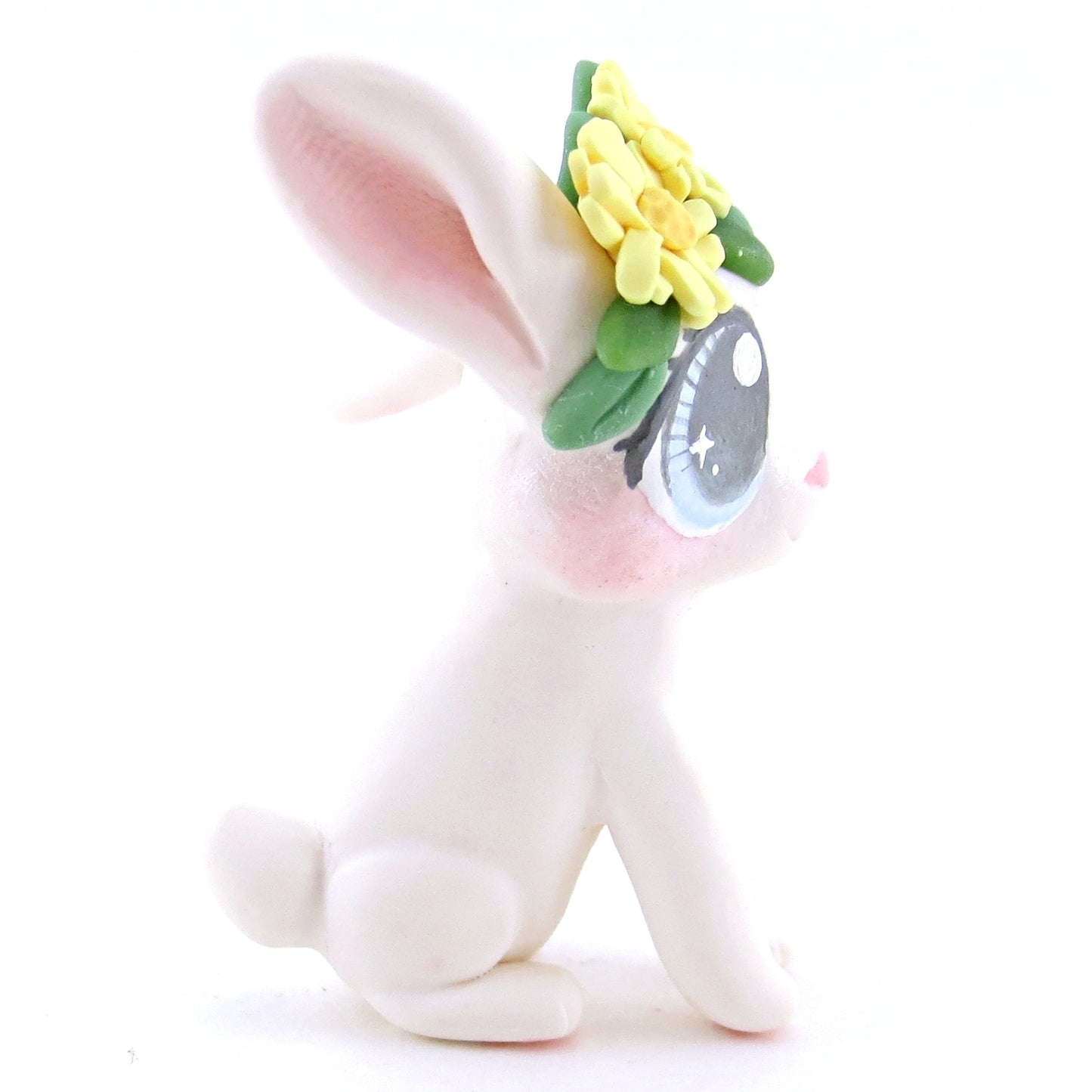 Daisy Crown Floopy Eared White Bunny Figurine - Polymer Clay Easter and Spring Animals