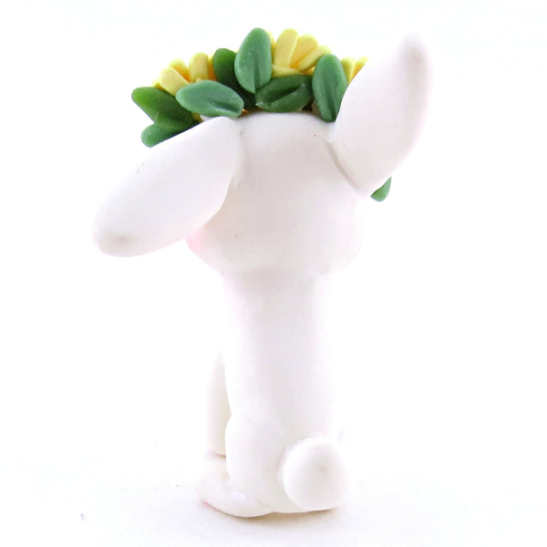 Daisy Crown Floopy Eared White Bunny Figurine - Polymer Clay Easter and Spring Animals