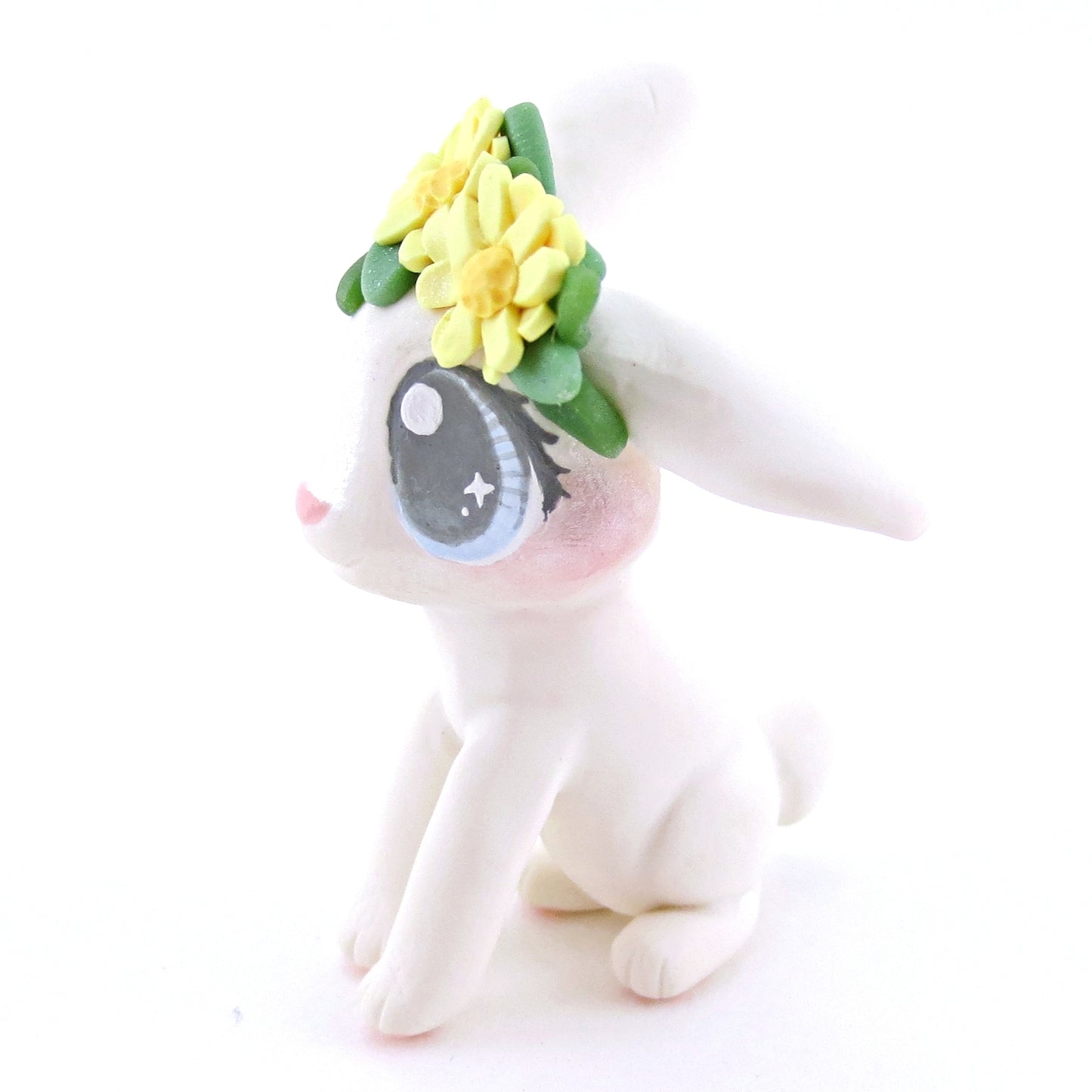 Daisy Crown Floopy Eared White Bunny Figurine - Polymer Clay Easter and Spring Animals