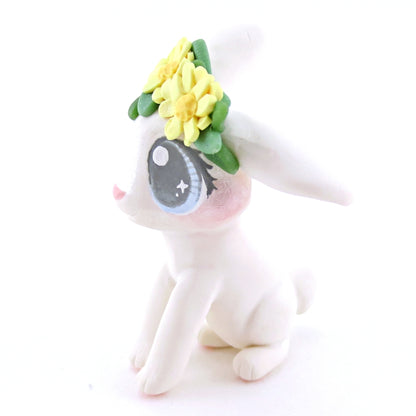 Daisy Crown Floopy Eared White Bunny Figurine - Polymer Clay Easter and Spring Animals