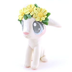 Daisy Crown Floopy Eared White Bunny Figurine - Polymer Clay Easter and Spring Animals