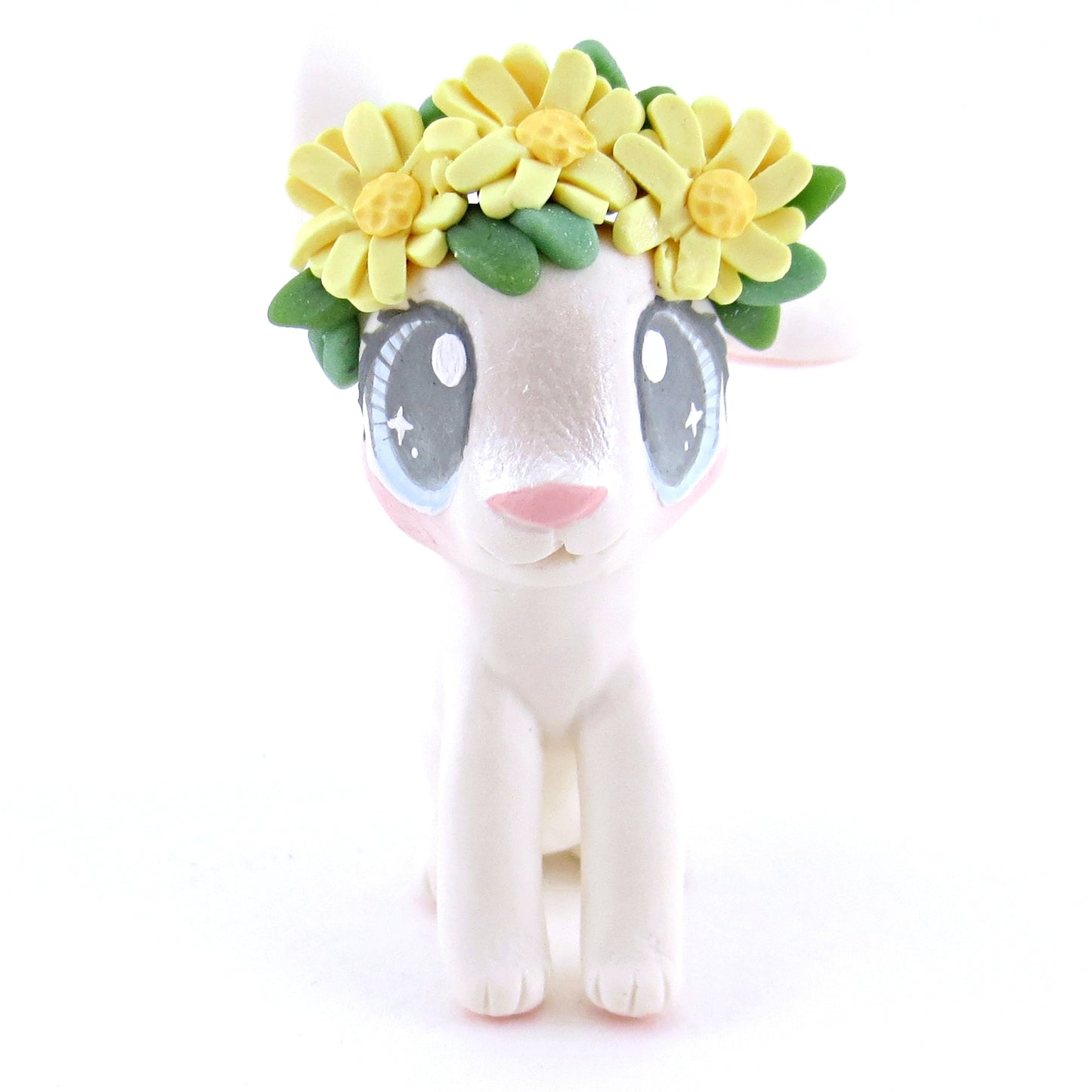 Daisy Crown Floopy Eared White Bunny Figurine - Polymer Clay Easter and Spring Animals