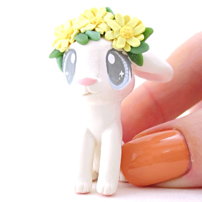 Daisy Crown Floopy Eared White Bunny Figurine - Polymer Clay Easter and Spring Animals