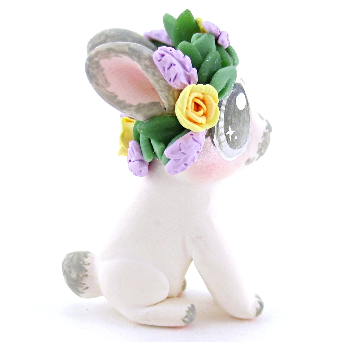 Flower Crown Sable Grey Point Netherland Dwarf Rabbit Bunny Figurine - Polymer Clay Easter and Spring Animals