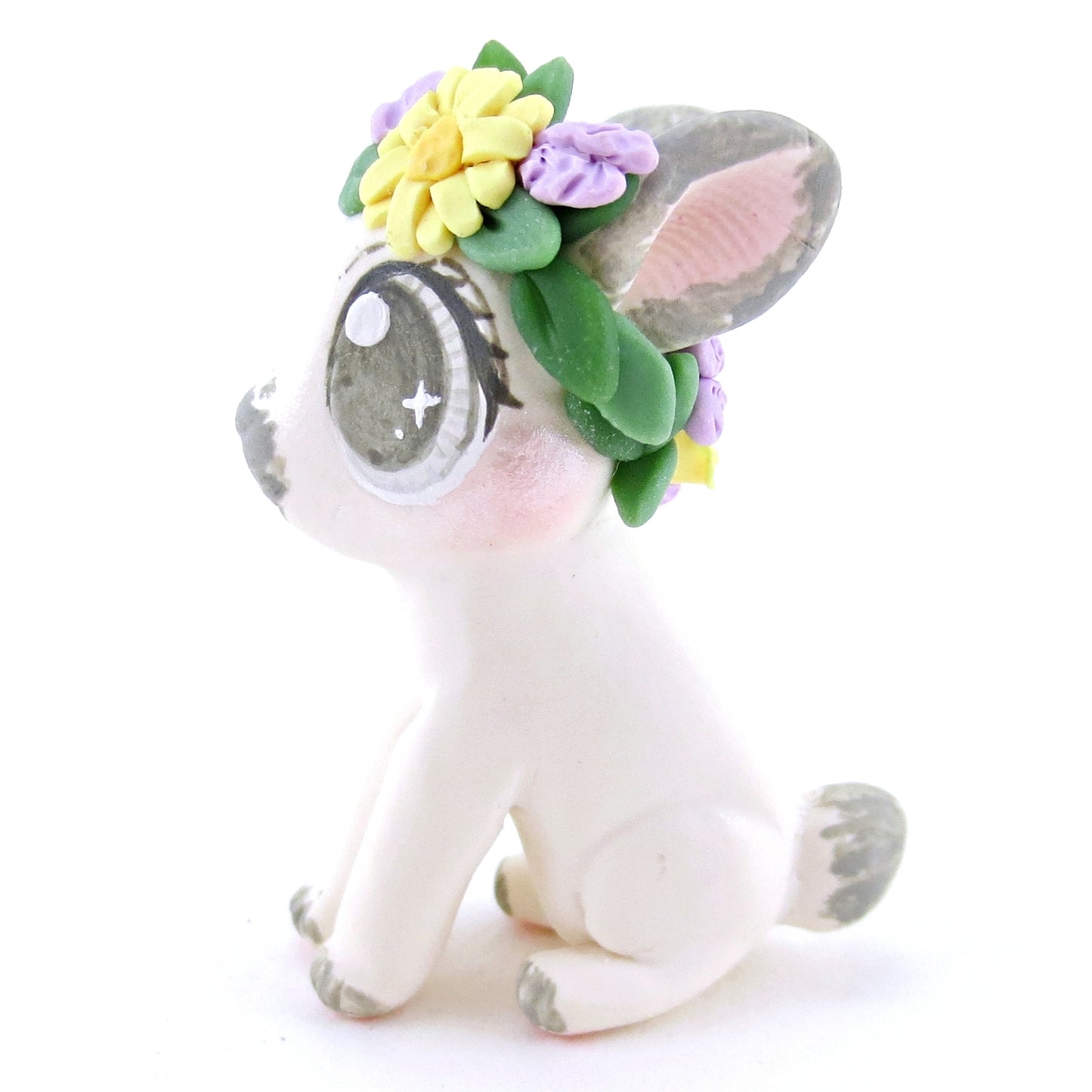 Flower Crown Sable Grey Point Netherland Dwarf Rabbit Bunny Figurine - Polymer Clay Easter and Spring Animals