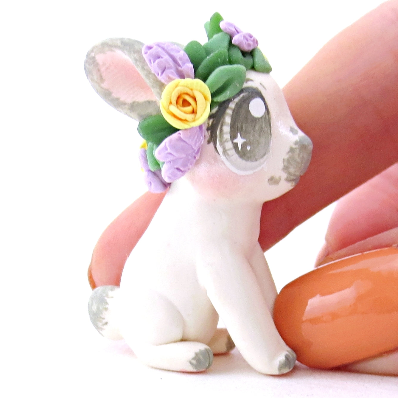 Flower Crown Sable Grey Point Netherland Dwarf Rabbit Bunny Figurine - Polymer Clay Easter and Spring Animals