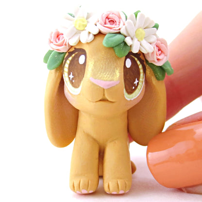 Orange Flower Crown Holland Lop Rabbit Bunny Figurine - Polymer Clay Easter and Spring Animals