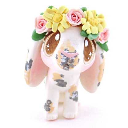 Tricolor Flower Crown Holland Lop Rabbit Bunny Figurine - Polymer Clay Easter and Spring Animals