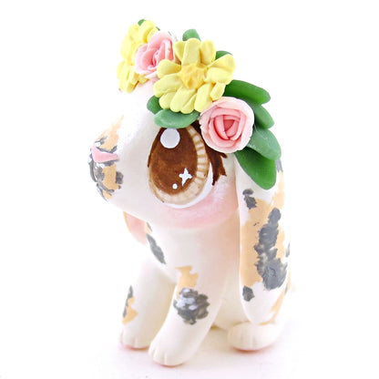 Tricolor Flower Crown Holland Lop Rabbit Bunny Figurine - Polymer Clay Easter and Spring Animals