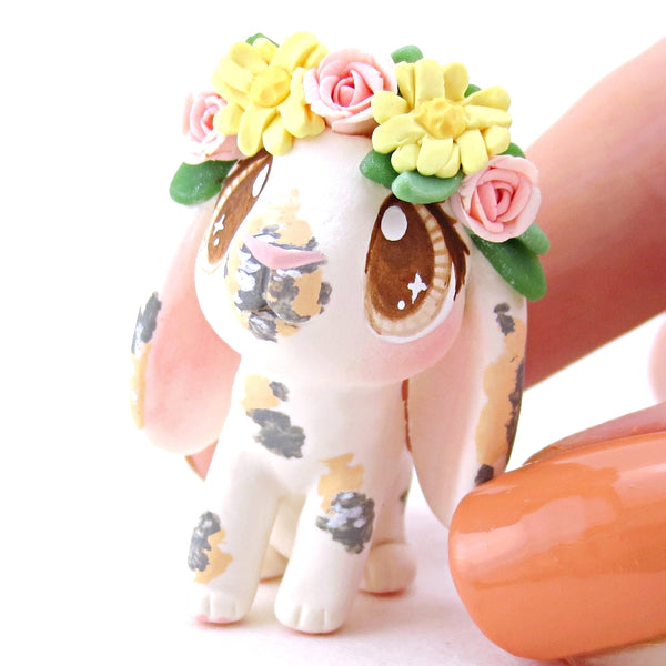 Tricolor Flower Crown Holland Lop Rabbit Bunny Figurine - Polymer Clay Easter and Spring Animals