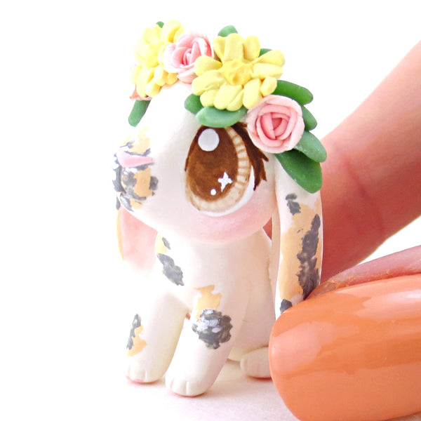 Tricolor Flower Crown Holland Lop Rabbit Bunny Figurine - Polymer Clay Easter and Spring Animals