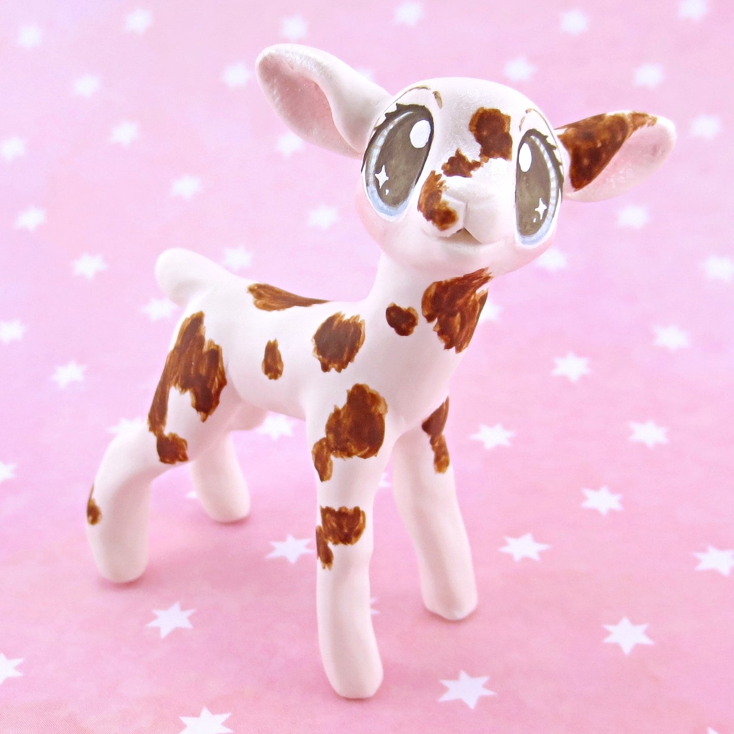 White and Brown Spotted Baby Goat Figurine - Polymer Clay Easter and Spring Animals