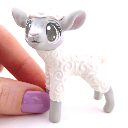 White and Grey Lamb Figurine - Polymer Clay Spring and Easter Animals