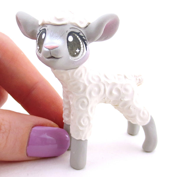 White and Grey Lamb Figurine - Polymer Clay Spring and Easter Animals