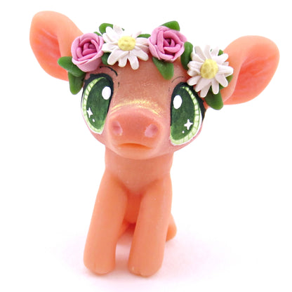 Rose and Daisy Flower Crown Piglet Figurine - Polymer Clay Spring and Easter Animals