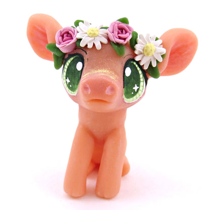 Rose and Daisy Flower Crown Piglet Figurine - Polymer Clay Spring and Easter Animals