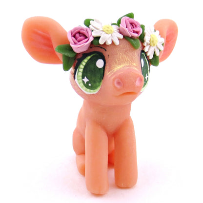 Rose and Daisy Flower Crown Piglet Figurine - Polymer Clay Spring and Easter Animals