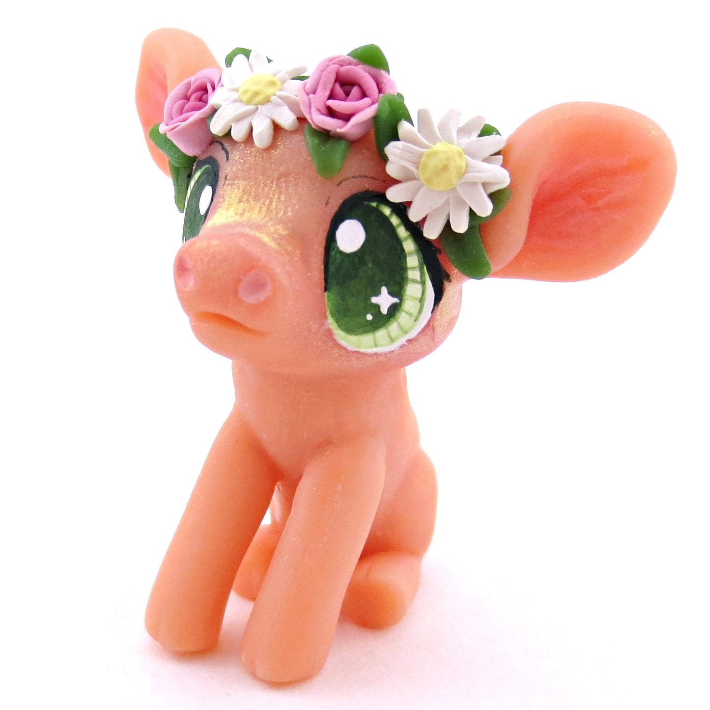 Rose and Daisy Flower Crown Piglet Figurine - Polymer Clay Spring and Easter Animals