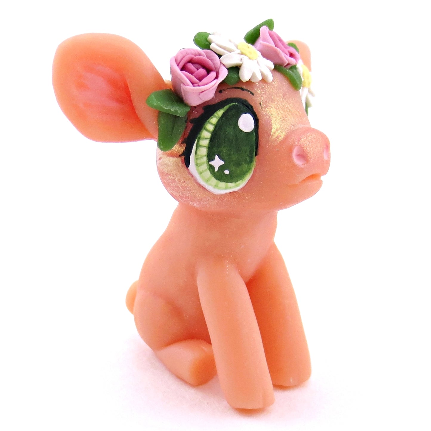 Rose and Daisy Flower Crown Piglet Figurine - Polymer Clay Spring and Easter Animals