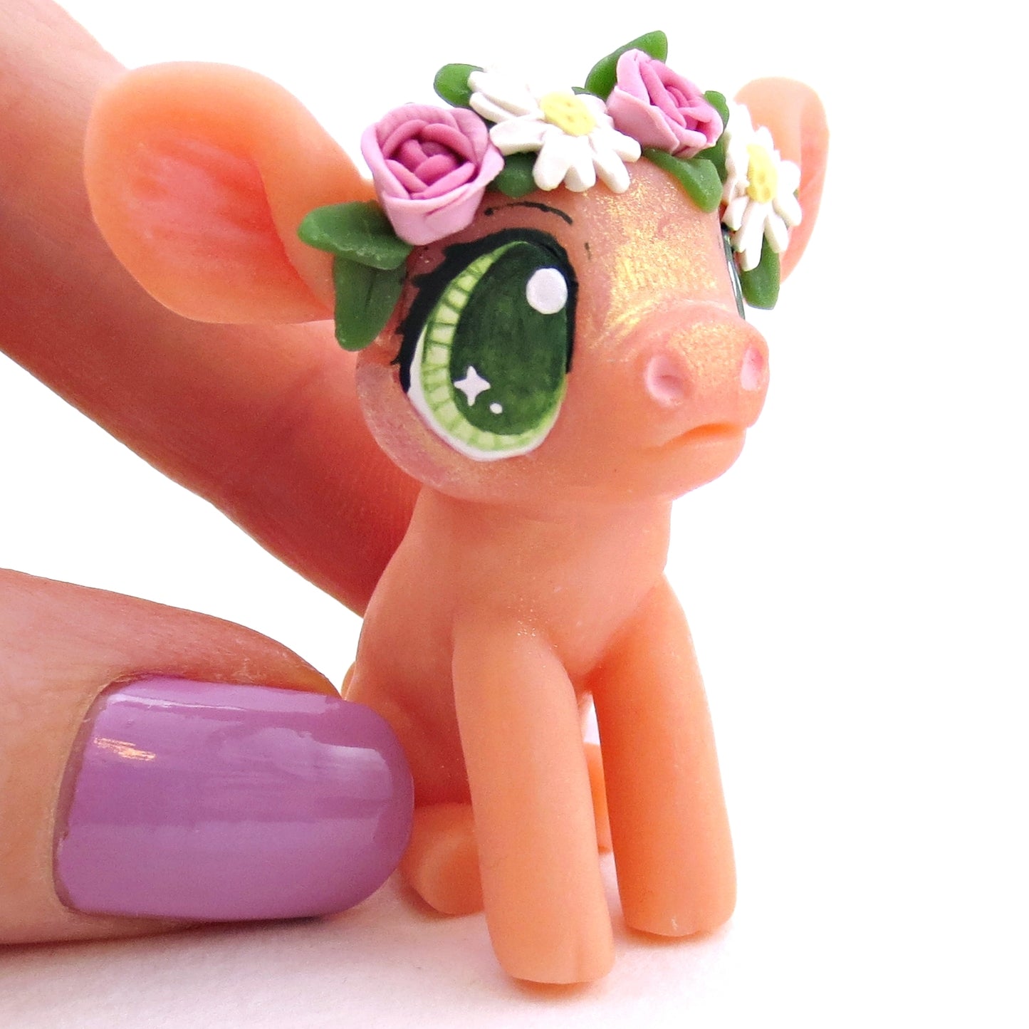 Rose and Daisy Flower Crown Piglet Figurine - Polymer Clay Spring and Easter Animals