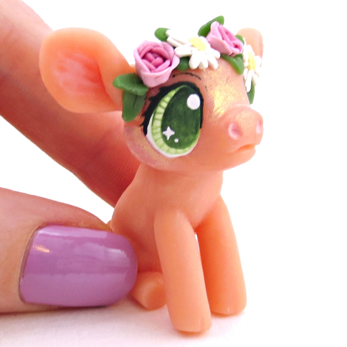 Rose and Daisy Flower Crown Piglet Figurine - Polymer Clay Spring and Easter Animals