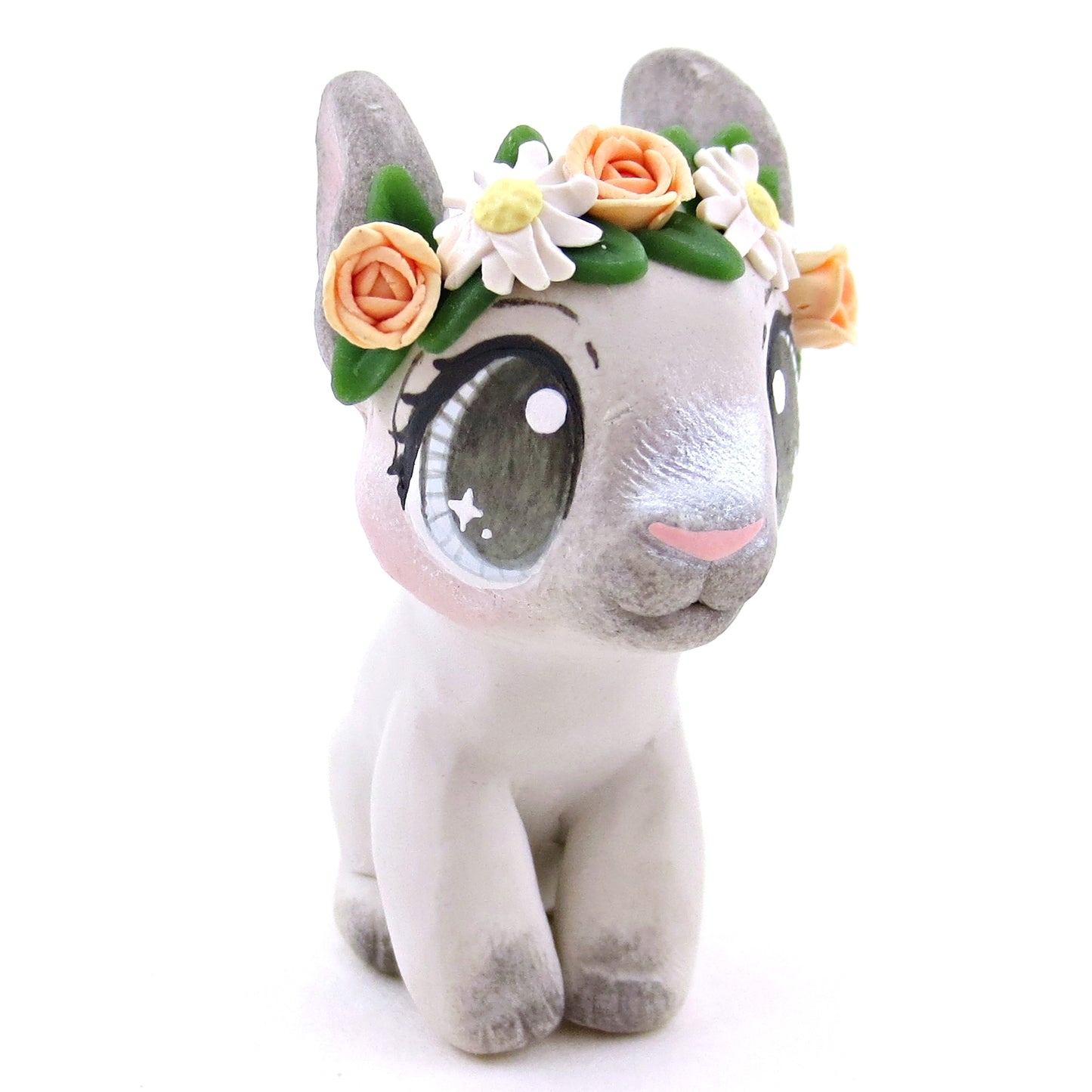 Flower Crown Grey Point Netherland Dwarf Rabbit Figurine - Polymer Clay Spring and Easter Animals