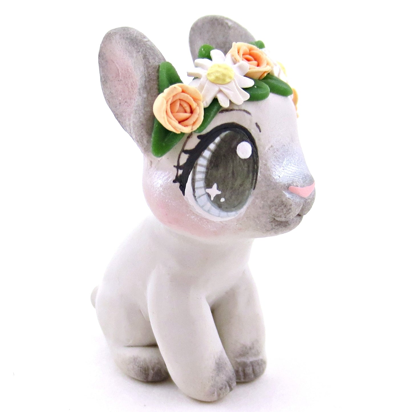 Flower Crown Grey Point Netherland Dwarf Rabbit Figurine - Polymer Clay Spring and Easter Animals