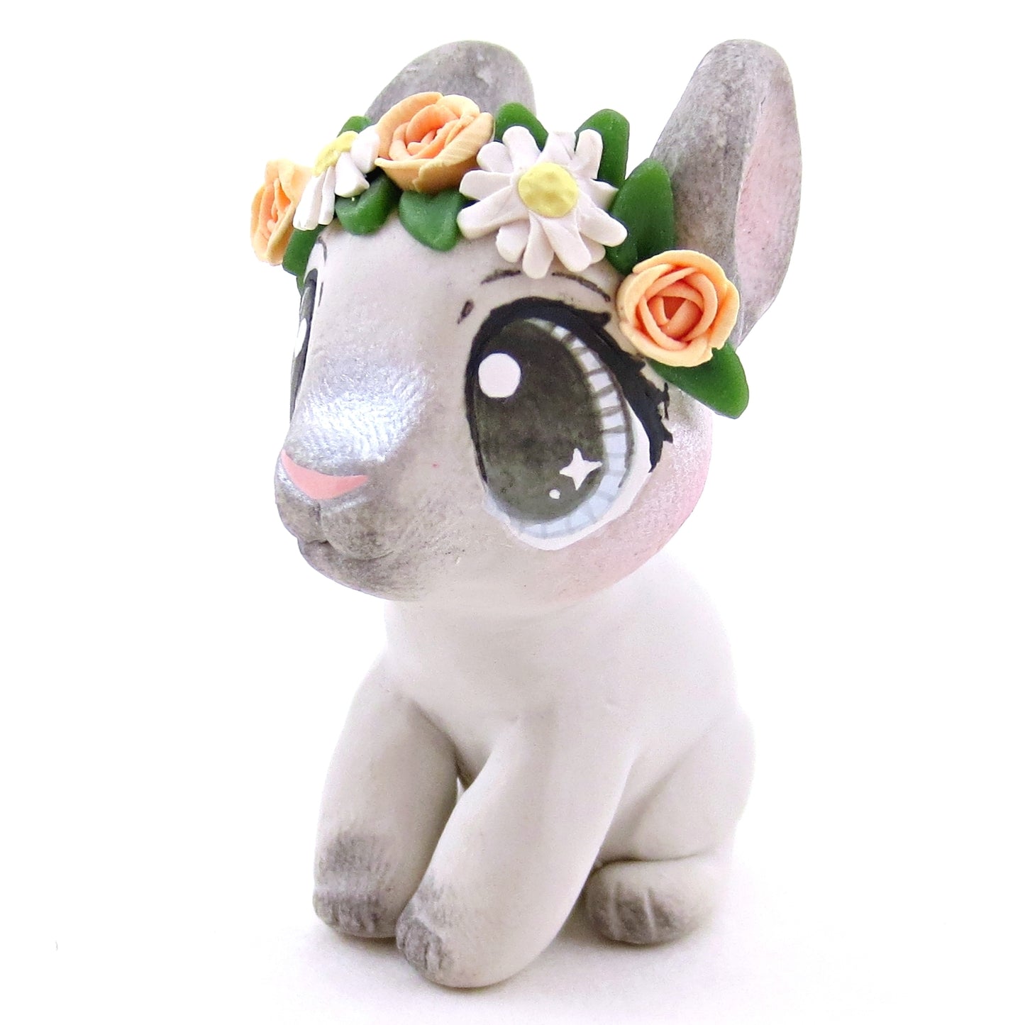 Flower Crown Grey Point Netherland Dwarf Rabbit Figurine - Polymer Clay Spring and Easter Animals