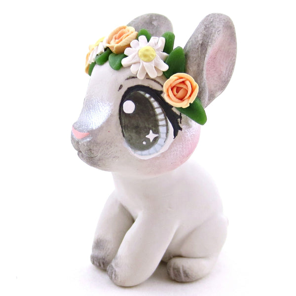 Flower Crown Grey Point Netherland Dwarf Rabbit Figurine - Polymer Clay Spring and Easter Animals