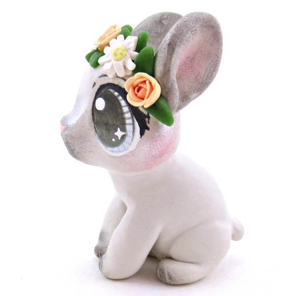 Flower Crown Grey Point Netherland Dwarf Rabbit Figurine - Polymer Clay Spring and Easter Animals