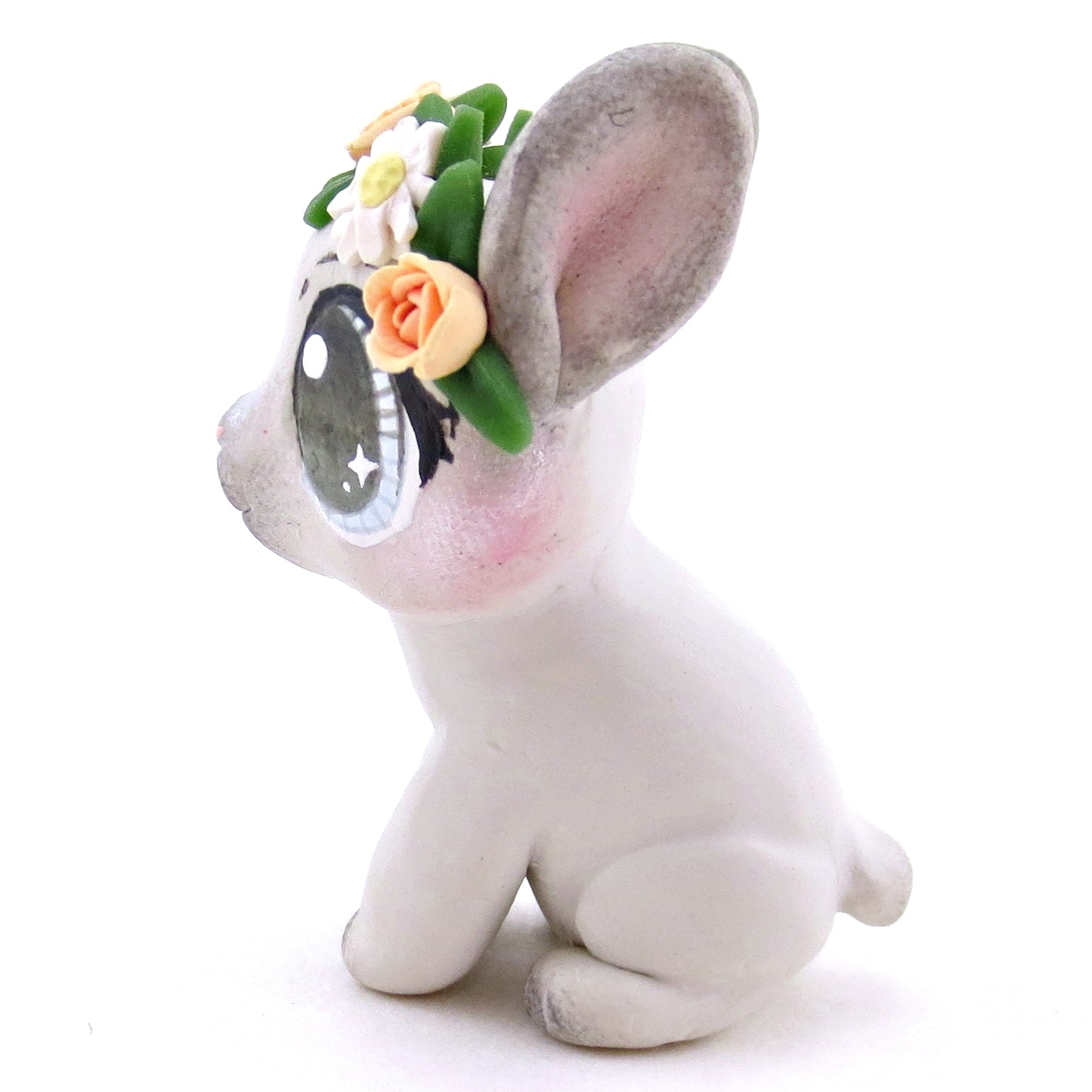 Flower Crown Grey Point Netherland Dwarf Rabbit Figurine - Polymer Clay Spring and Easter Animals