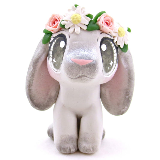 Flower Crown Grey Point Holland Lop Rabbit Figurine - Polymer Clay Spring and Easter Animals