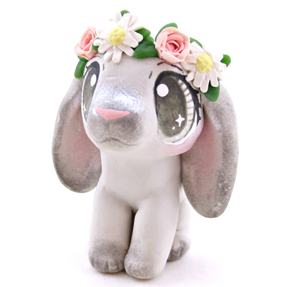 Flower Crown Grey Point Holland Lop Rabbit Figurine - Polymer Clay Spring and Easter Animals