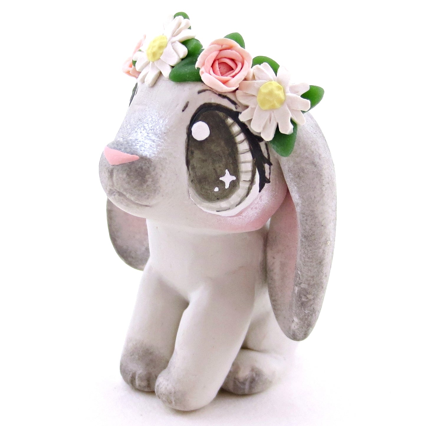 Flower Crown Grey Point Holland Lop Rabbit Figurine - Polymer Clay Spring and Easter Animals