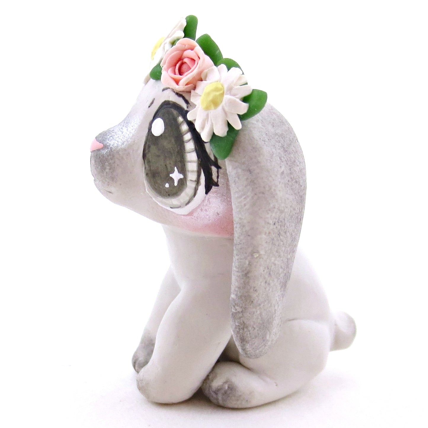 Flower Crown Grey Point Holland Lop Rabbit Figurine - Polymer Clay Spring and Easter Animals