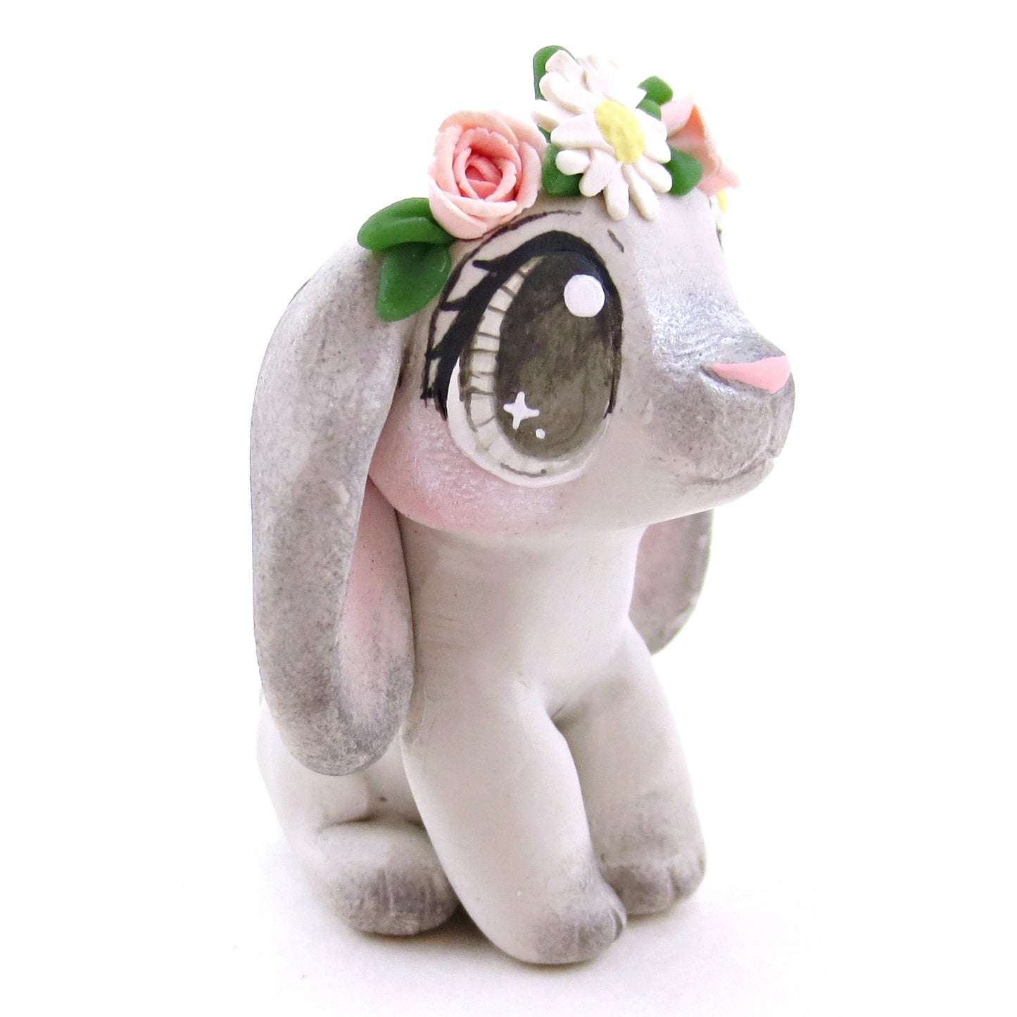 Flower Crown Grey Point Holland Lop Rabbit Figurine - Polymer Clay Spring and Easter Animals