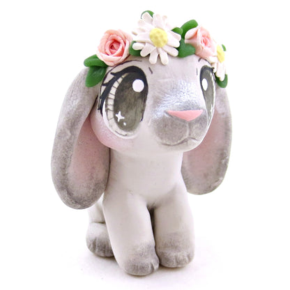 Flower Crown Grey Point Holland Lop Rabbit Figurine - Polymer Clay Spring and Easter Animals