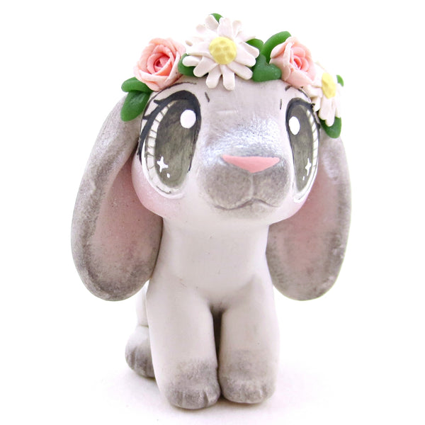 Flower Crown Grey Point Holland Lop Rabbit Figurine - Polymer Clay Spring and Easter Animals
