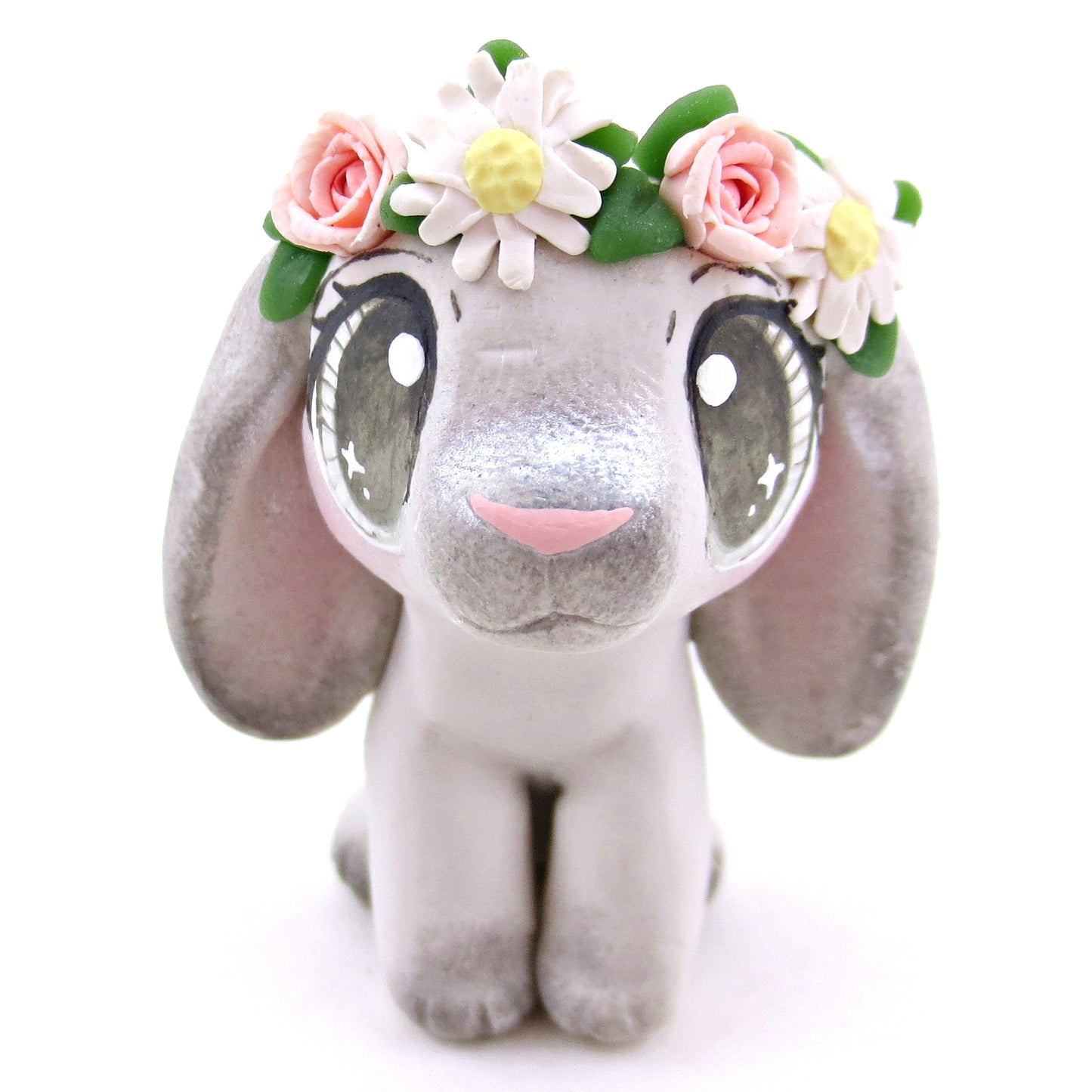 Flower Crown Grey Point Holland Lop Rabbit Figurine - Polymer Clay Spring and Easter Animals