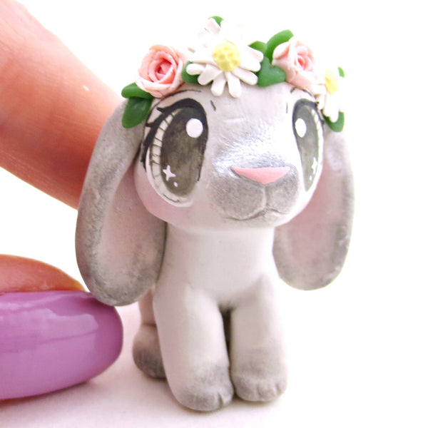 Flower Crown Grey Point Holland Lop Rabbit Figurine - Polymer Clay Spring and Easter Animals