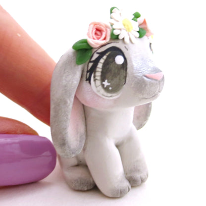 Flower Crown Grey Point Holland Lop Rabbit Figurine - Polymer Clay Spring and Easter Animals